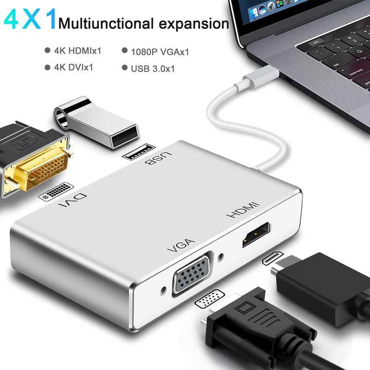 faersi 4K USB C zu HDMI Adapter, USB-C auf DVI HDMI VGA USB 3.0 Hub Multiport Adapter kompatibel mit