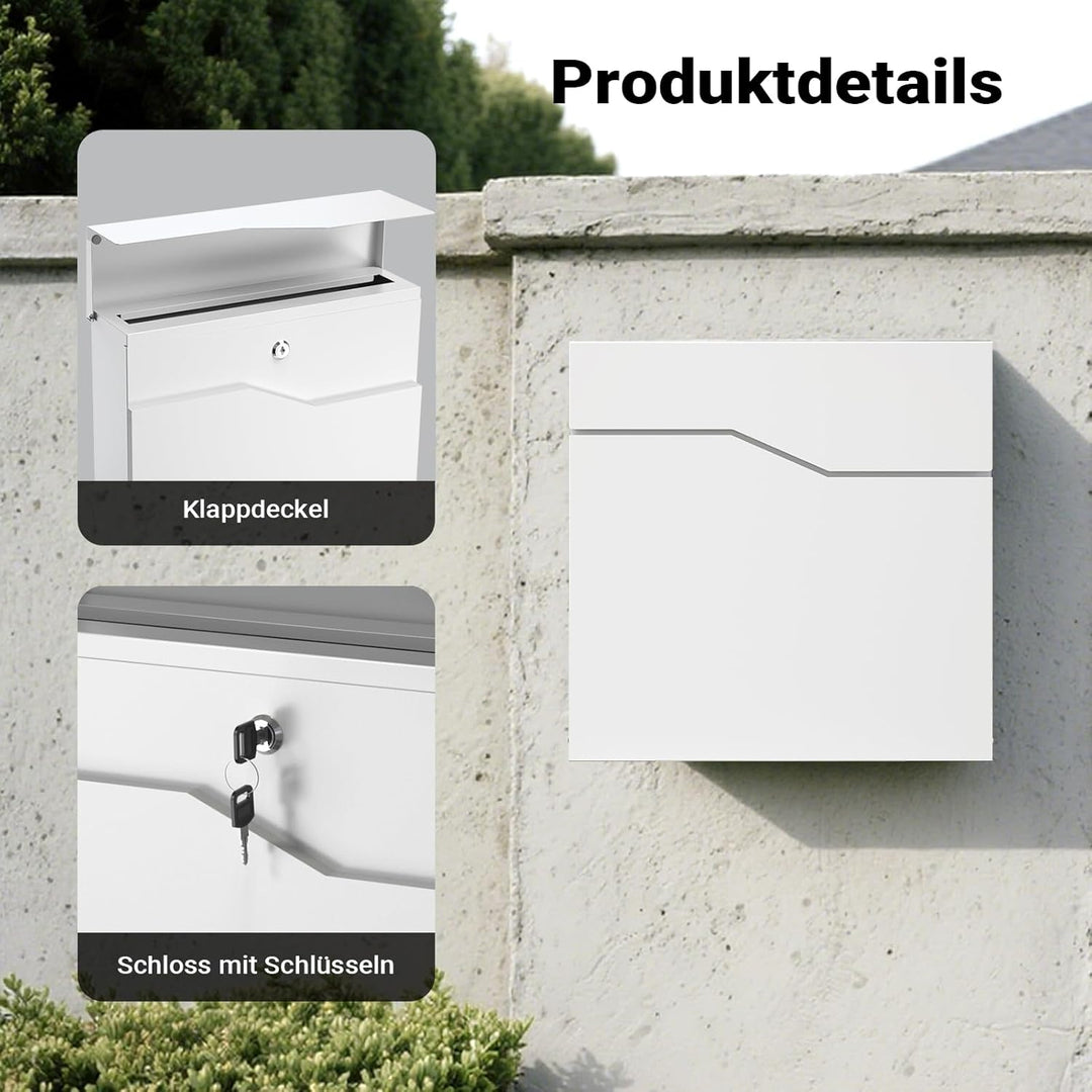 Wiltec Designer Briefkasten V19 weiss 370 x 102 x 370 mm, Wandbriefkasten mit Schloss und Zeitungsro