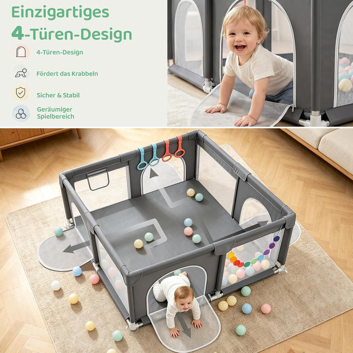 Laufstall Baby Robustes Laufgitter Playpen,Baby Gitter mit 4 Reissverschlusstür &amp; Starker Saugnapf |