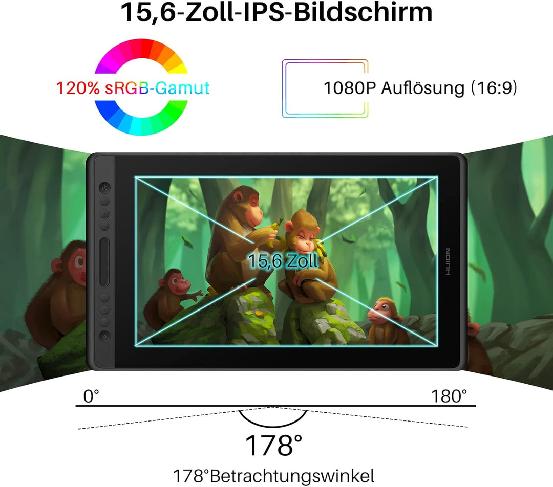 HUION Kamvas Pro 16 15,6-Zoll-IPS-Display Grafiktabletts mit voll laminiertem, blendfreiem Glasbilds