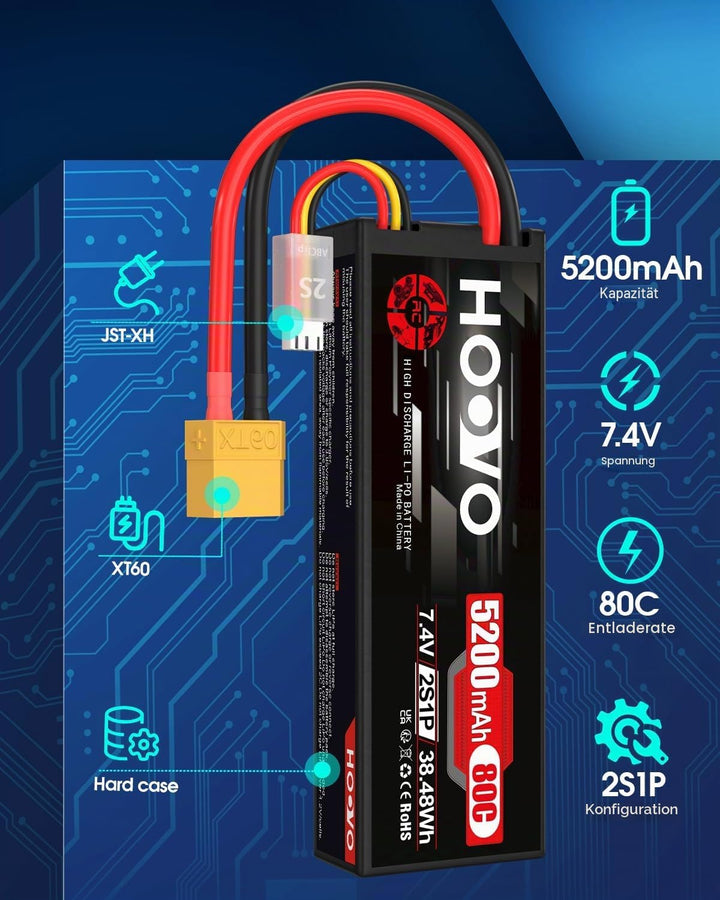 2S LiPo Akku 7,4V 5200mAh 80C RC Akkus Hartschalenkoffer mit XT60 Stecker Ersatzakku HOOVO für RC Ca