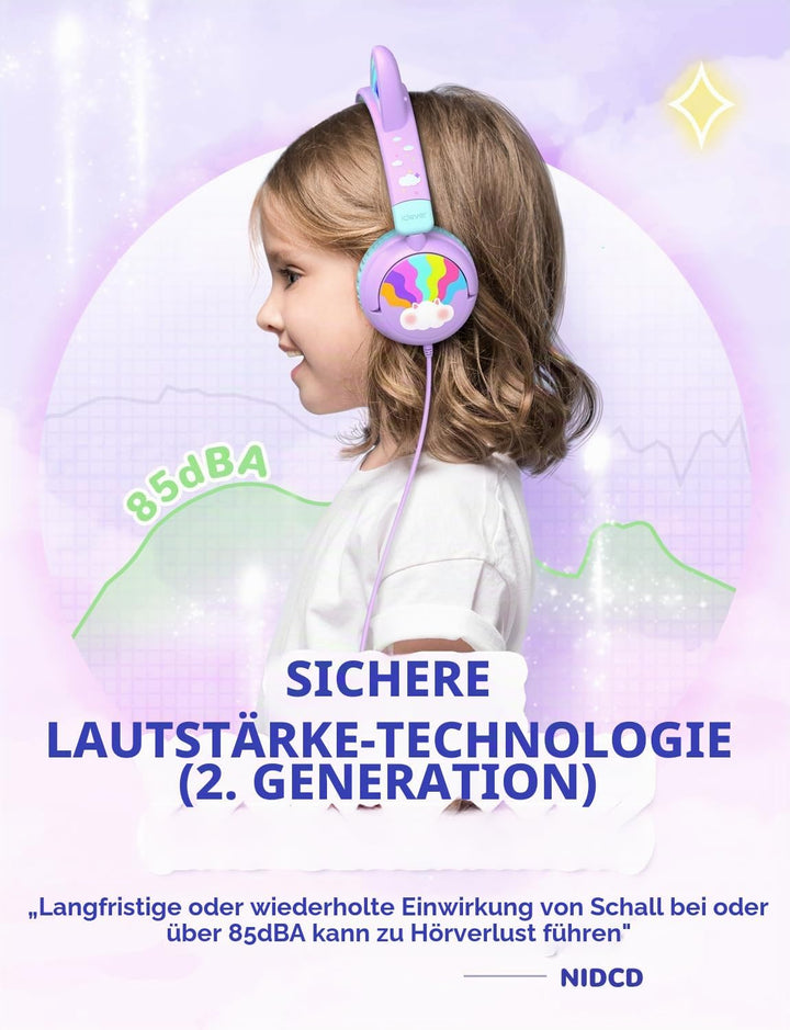 iClever USB Typ C Kinder Kopfhörer, LED Beleuchtetes Katzenohr, 85dBA Sichere Lautstärke, Stereo Sou