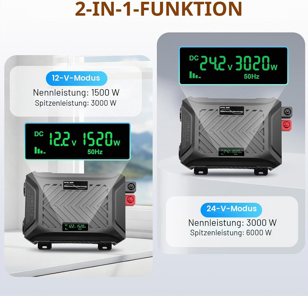 DATOUBOSS Wechselrichter 24V auf 230V 3000W/6000W, Spannungswandler 24V 3000W Reiner Sinus mit LCD-A