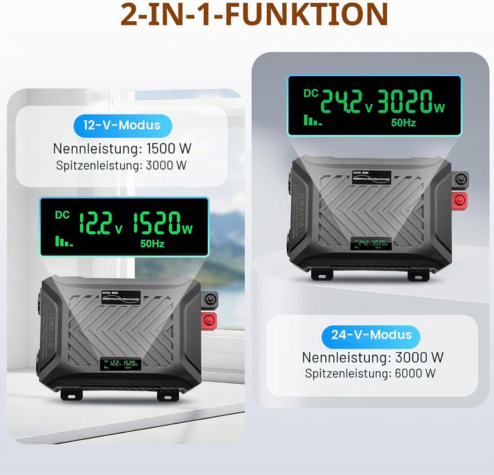 DATOUBOSS Wechselrichter 24V auf 230V 3000W/6000W, Spannungswandler 24V 3000W Reiner Sinus mit LCD-A