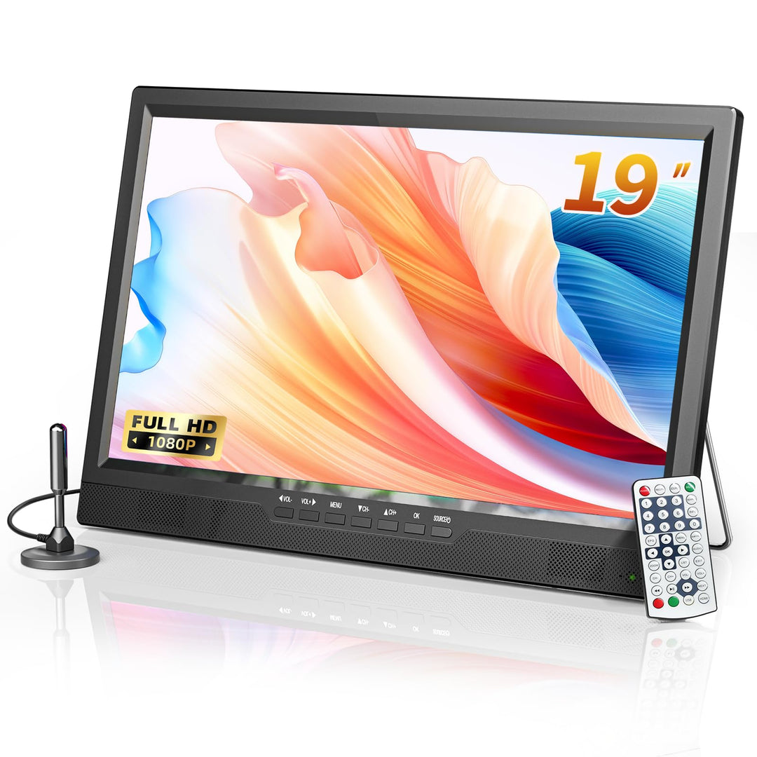 DESOBRY 19-Zoll Fernseher, 1080P Kleiner Fernseher DVB-T2-Tuner mit Antenne, Wiederaufladbarer TV HD