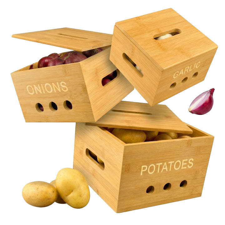 Relaxdays Aufbewahrungsboxen, 3 Grössen, Kartoffelaufbewahrungsbox, Zwiebelbox, Knoblauchbehälter, K