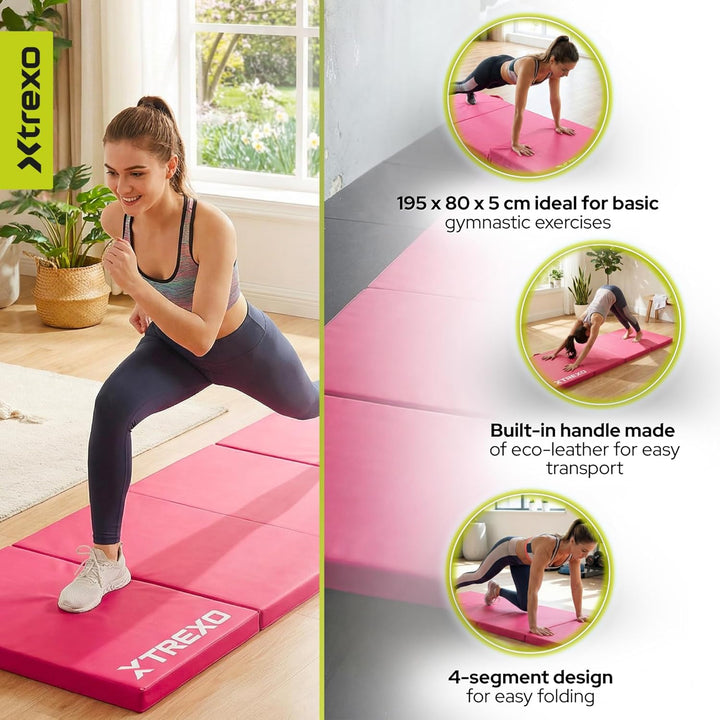 XTREXO Klappbare Gymnastikmatte – Turnmatte 4-teilig – Kunstleder &amp; EPE-Schaumstoff – Faltbar mit Tr