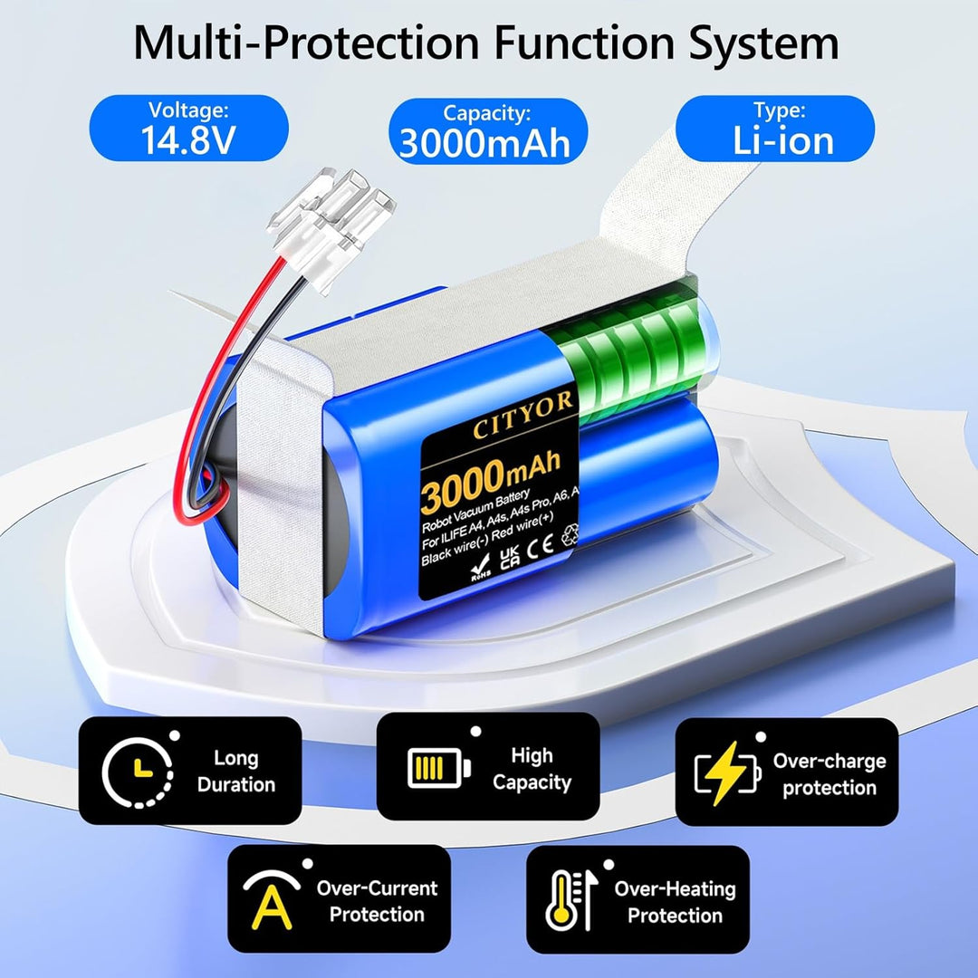 CITYORK 3000mAh Akku für Zaco iLifeA4, A4s, A4s Pro, V7, V7S, V7 Plus/Pro, A6, A7, A8, A9, A10, A10