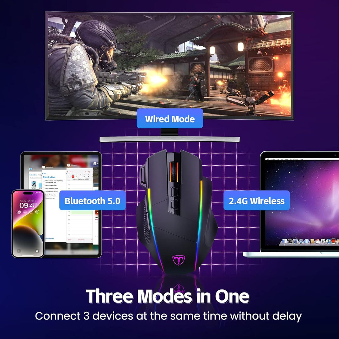RisoPhy Gaming Maus Kabellose RGB,2.4G/USB-C/Bluetooth Maus mit 8 Programmierbare Tasten/10000DPI/7