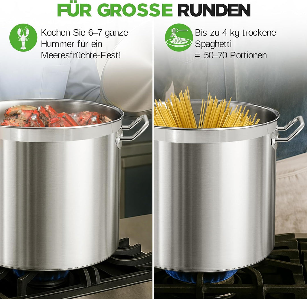 NutriChef Edelstahl Kochtopf 33,1L Induktion – Suppentopf mit Deckel, Profiqualität für Gastronomie