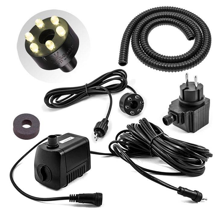 CLGarden Springbrunnenpumpe Set SP1-S mit warmweisser LED Beleuchtung Schlauch Dichtung für Springbr