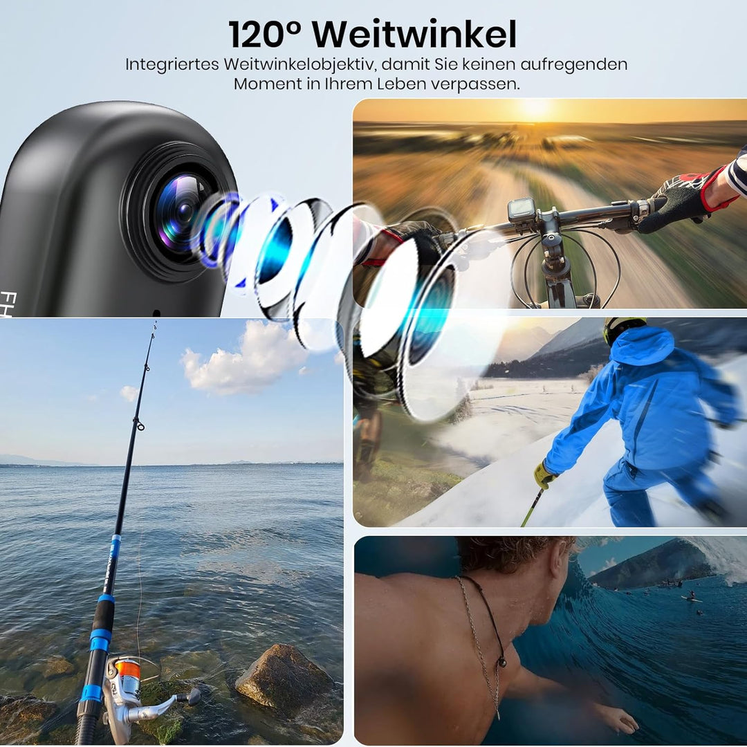 Action Cam, Mini-Actionkamera, Bodycam 120°-Weitwinkel, wasserdicht bis 30 m, freihändige POV, 150 M