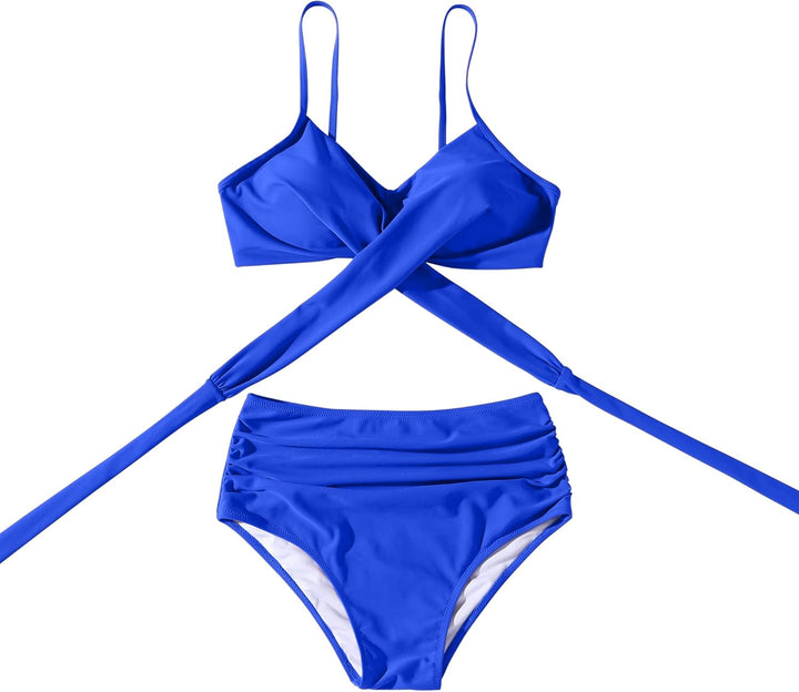 RXRXCOCO Damen Wickel Push Up Bikini Oberteil mit Bauchweg High Waist Bikini Set Bademode S Blau, S