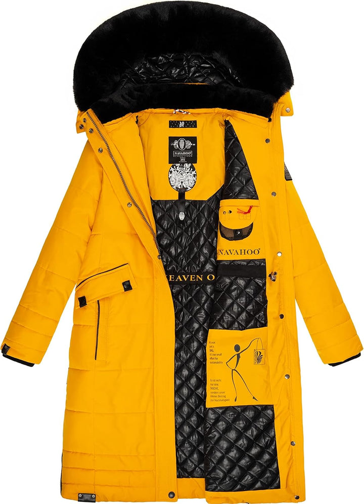 Navahoo Damen Wintermantel Warmer Steppmantel lang mit Abnehmbarer Kapuze Fahmiyaa XS-3XL XS Gelb, X