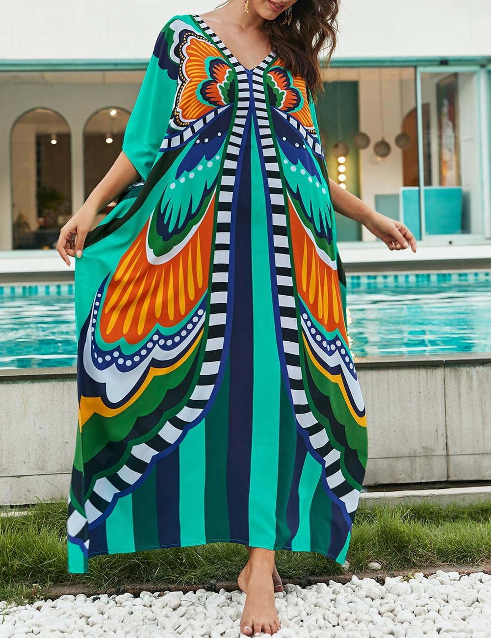 Bsubseach Lose Kaftan Kleider für Frauen Kurzarm Badeanzug Cover Up Casual Urlaub Outfits Grün Blau,