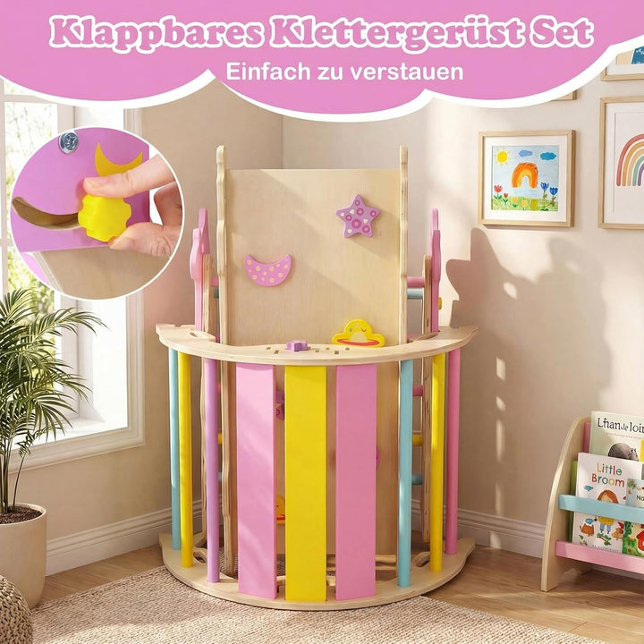 COSTWAY Klettergerüst Indoor 3er Set, klappabres Kletterdreieck mit Rutsche, Kletterbogen, Netz, ink