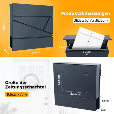 HOMEDEMO Briefkasten, Postkasten anthrazit, Briefkasten mit Zeitungsfach und Dämpfer RAL 7016, Brief