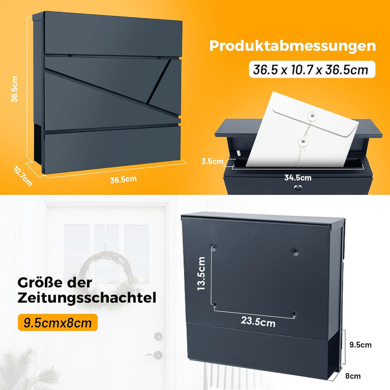 HOMEDEMO Briefkasten, Postkasten anthrazit, Briefkasten mit Zeitungsfach und Dämpfer RAL 7016, Brief