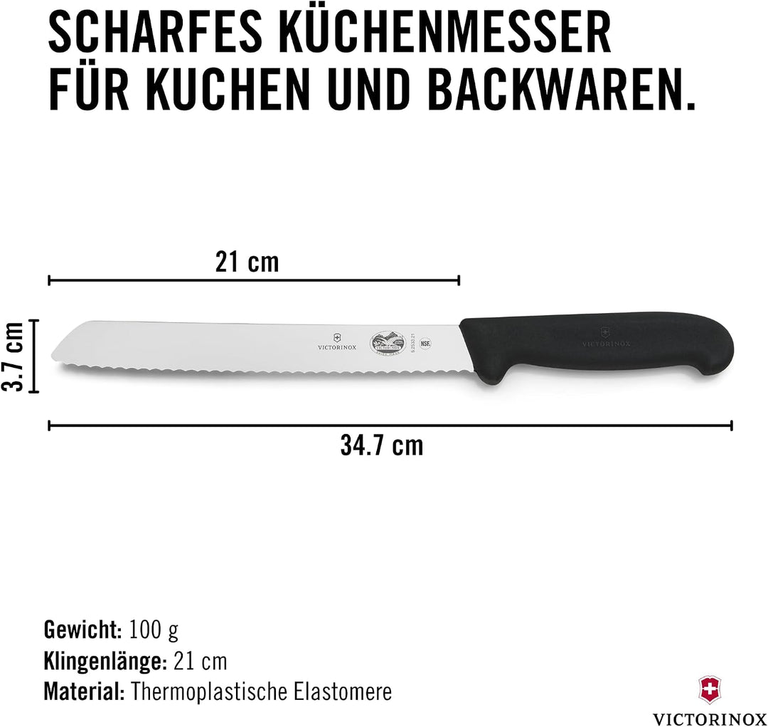Victorinox Fibrox Brotmesser mit Wellenschliff, Scharfes Küchenmesser für Kuchen und Backwaren, 21 c