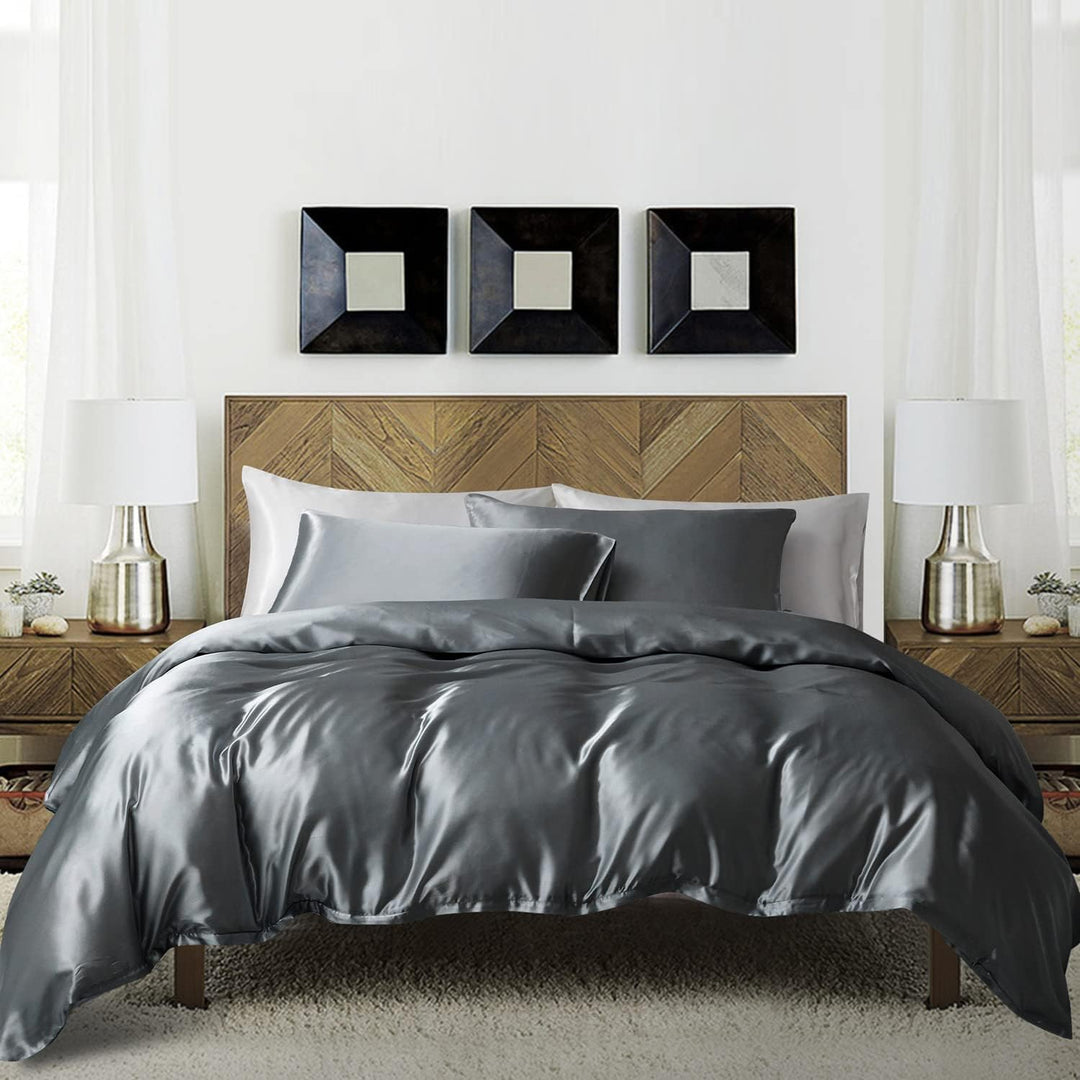 Boqingzhu Satin Bettwäsche 220×240cm Grau Dunkelgrau Anthrazit Uni Einfarbig Glatt Glänzend Luxus Se