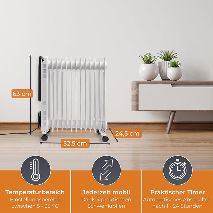 KLAMER Ölradiator 2500 W, Elektroheizung energiesparend, 13 Rippen, 3 Heizstufen mit Eco-Modus, 24h