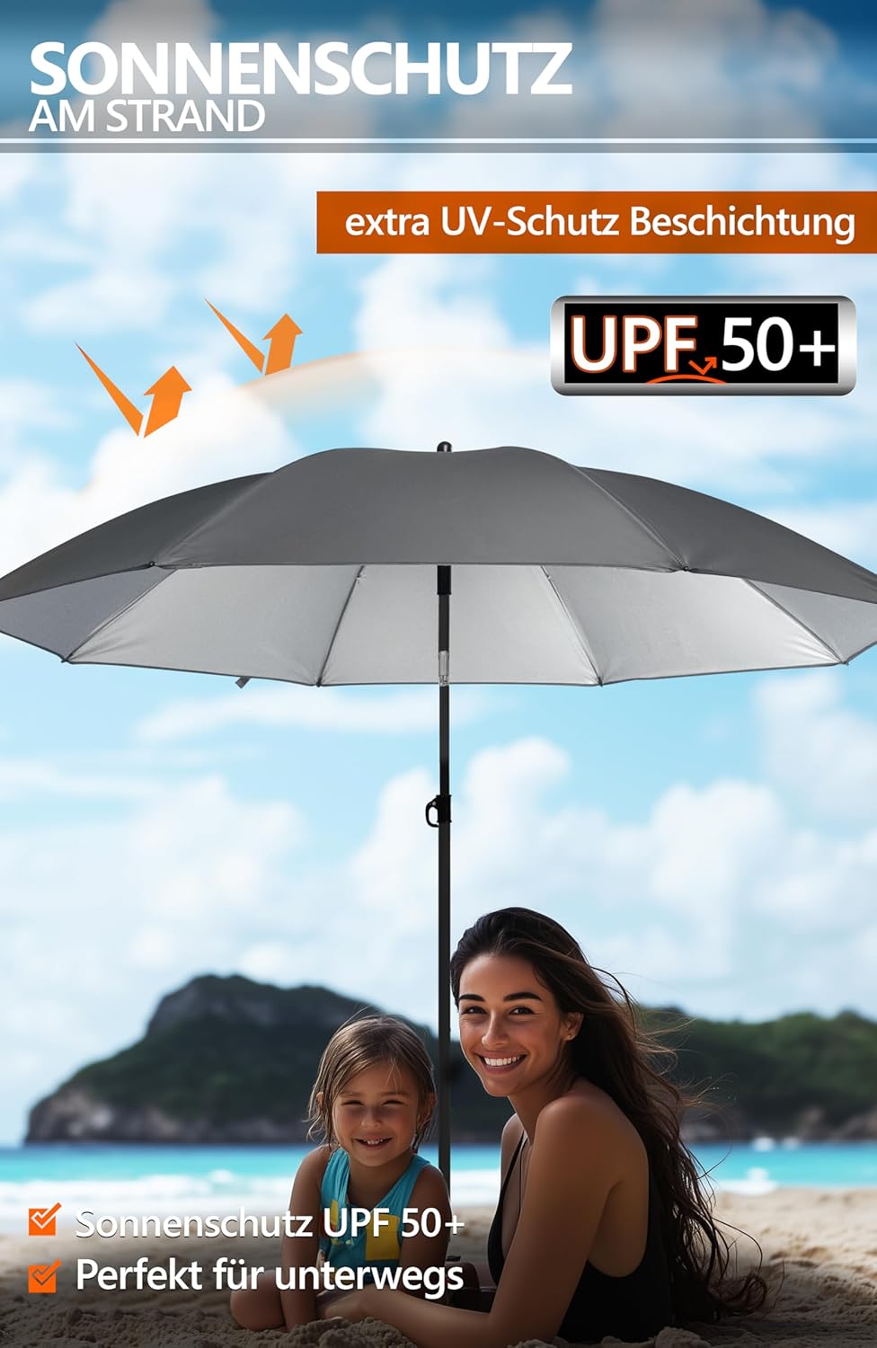 4smile Sonnenschirm Strand SunnyJoy Ø 180 cm, 3-IN-1 Set - UPF 50+ Strandschirm + Sonnenschirm Schut