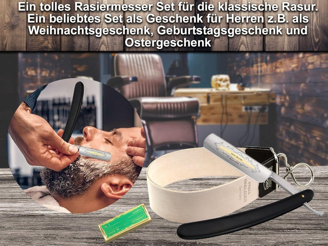 Rasiermesserset Solingen Streichriemen Schleifpaste und Rasiermesser mit Goldätzung BRAND von Instru