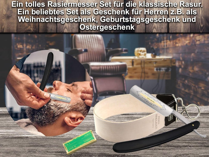 Rasiermesserset Solingen Streichriemen Schleifpaste und Rasiermesser mit Goldätzung BRAND von Instru