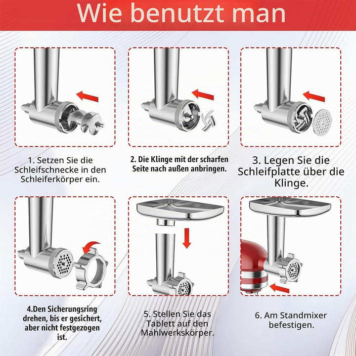 Fleischwolf Aufsatz, Kitchen Aid Zubehör aus Edelstahl mit 4 Mahlscheiben 3 Wurstfüllrohre 3 Klingen