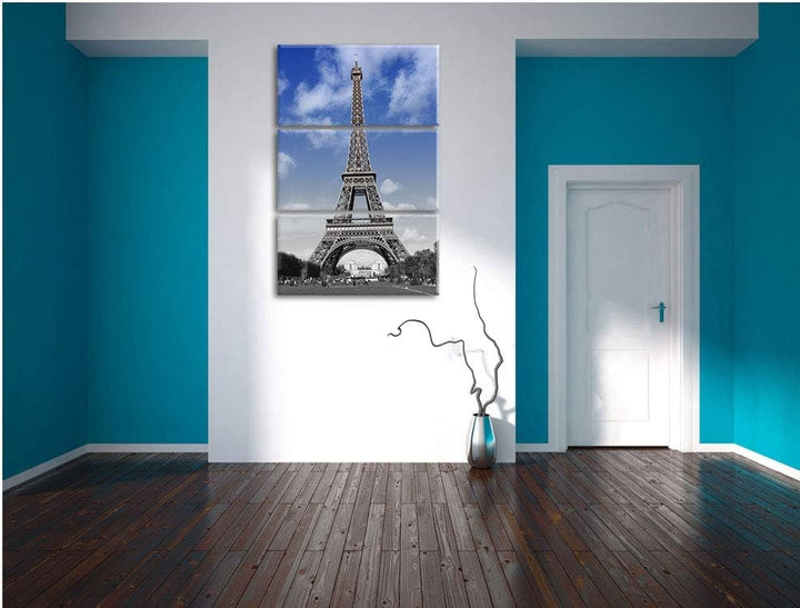 Eifelturm mit blauem Himmel Paris schwarz/weiss 3-Teiler Leinwandbild 120x80 Bild auf Leinwand, XXL