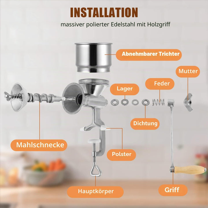 Moongiantgo Getreidemühle Manuell Rostfreier Stahl mit Handkurbel & Tischklemmen-Design, φ105mm gros