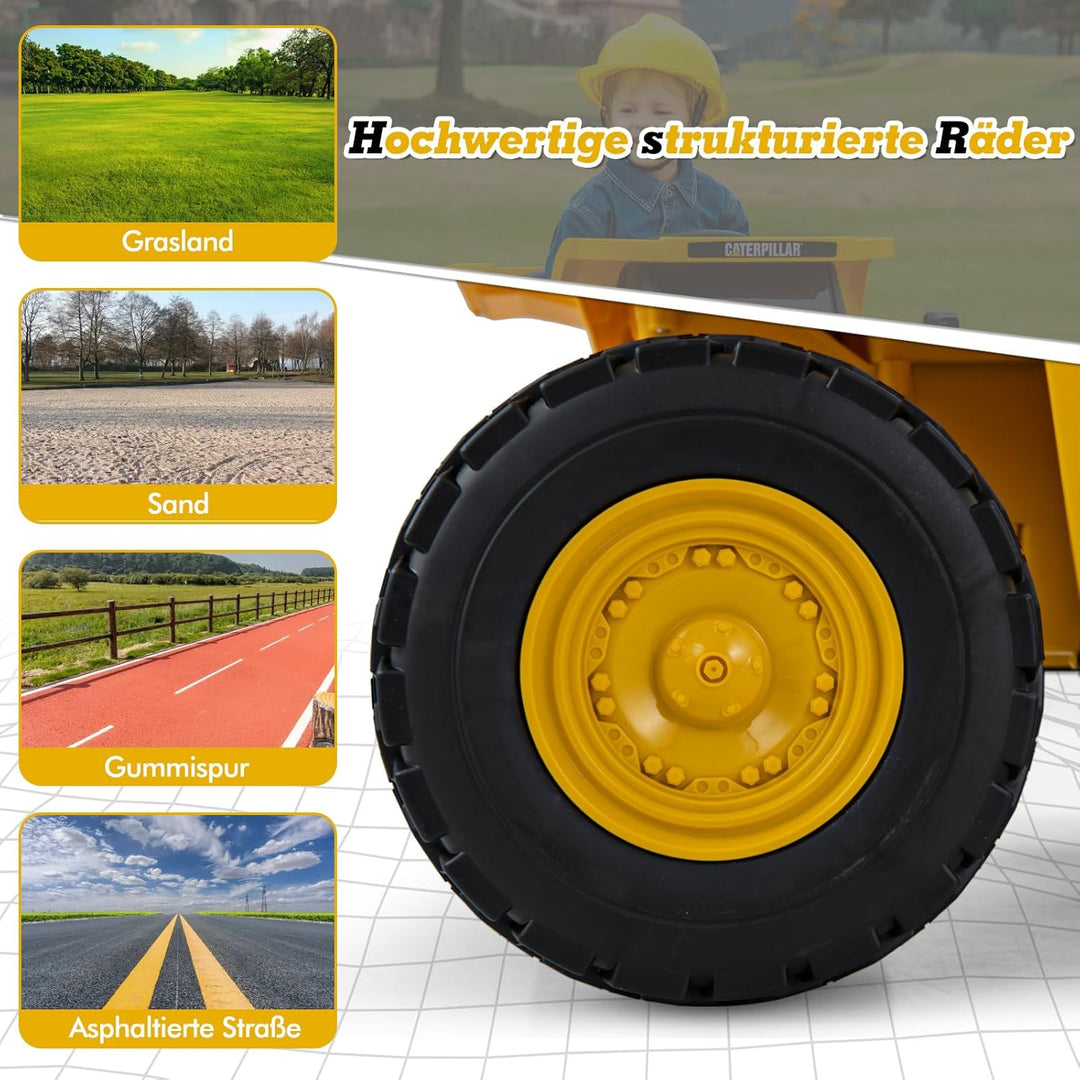 COSTWAY Caterpillar Elektroauto für Kinder, 12V Muldenkipper zum Draufsitzen mit Sandschaufel & Kipp