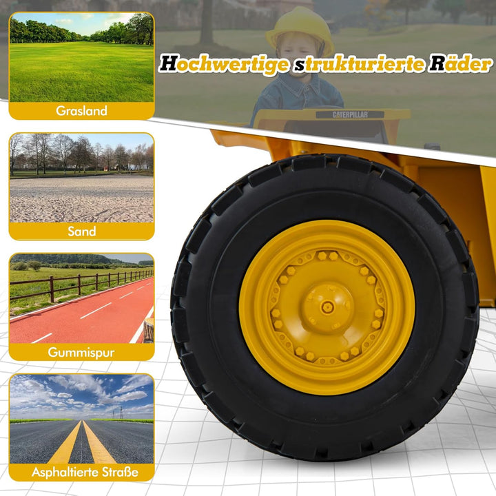 COSTWAY Caterpillar Elektroauto für Kinder, 12V Muldenkipper zum Draufsitzen mit Sandschaufel & Kipp