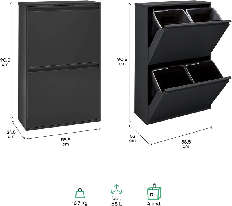 ARREGUI Basic CR606-B Recycling Abfalleimer/Mülleimer aus Stahl, Mülltrennsystem mit 4 entnehmbaren