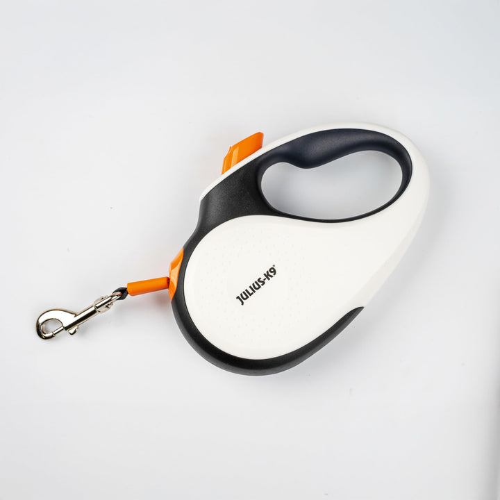 Julius-K9 Rollleine, M - 5 m Band, Weiss/Orange – Rutschfester Griff, Bandleine, ausziehbar, Einhand