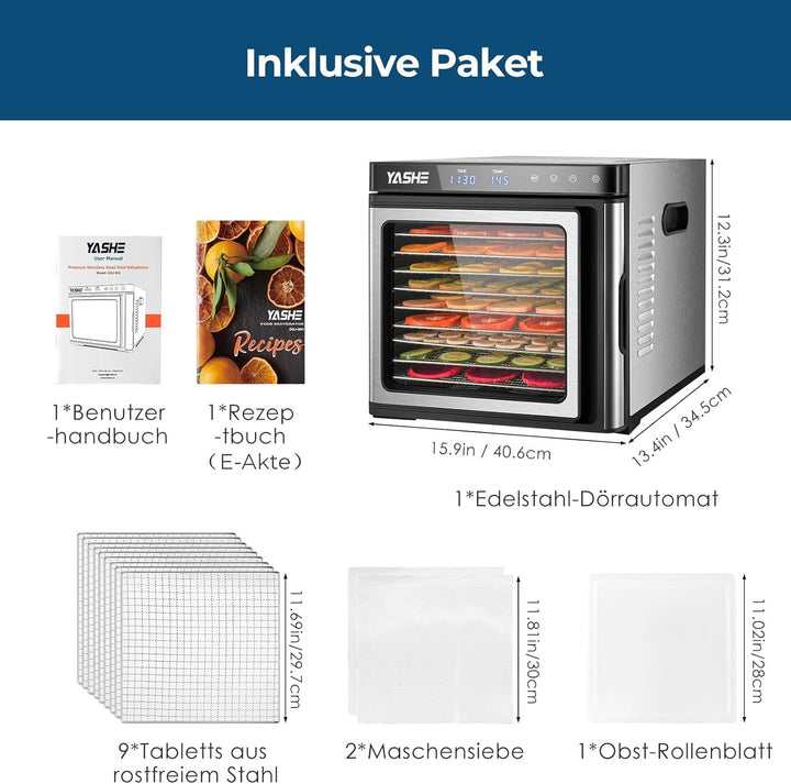 Edelstahl Dörrautomat, 1000W Dörrgerät für Obst und Gemüse mit LED-Anzeige, präziser Temperaturregel