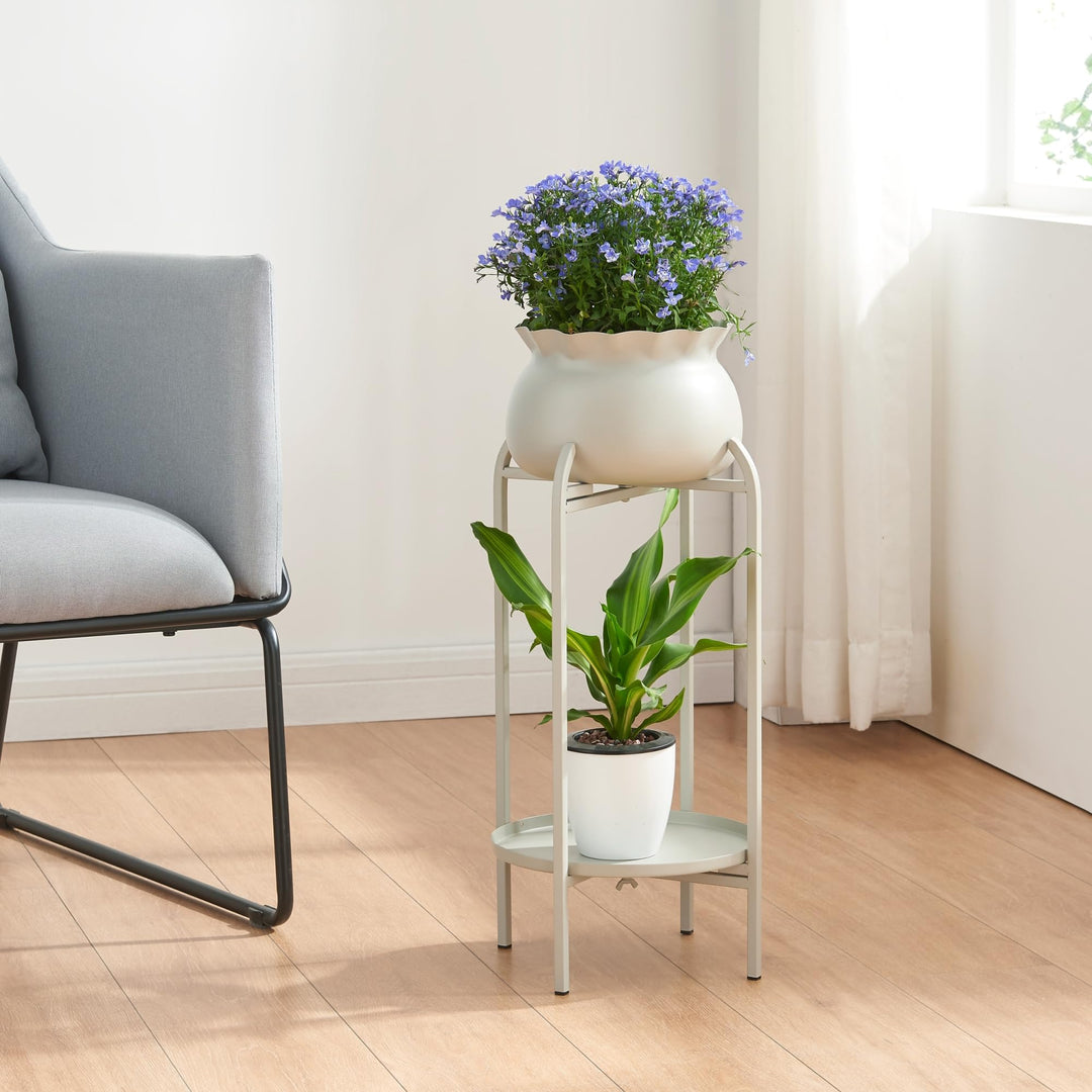 [en.casa] Blumenständer Altena Pflanzenständer mit Blumentopf und Ablage Metall Hellgrau Pflanzenreg