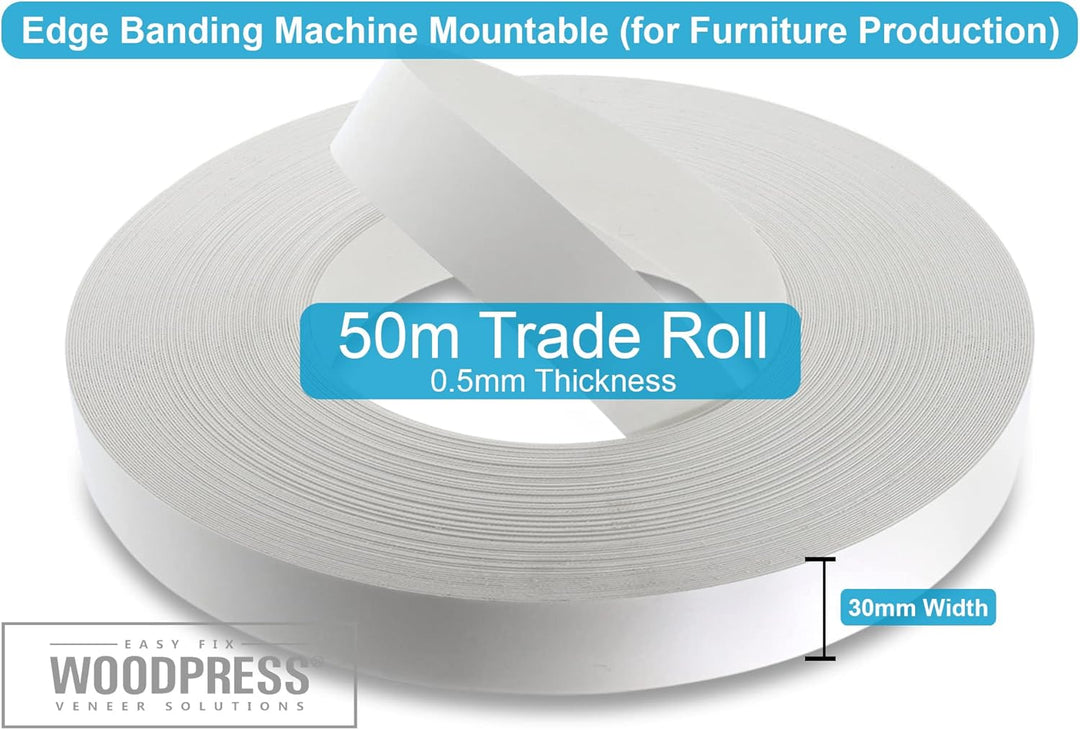 WoodPress® 30mm Mattweisse Melamin Kantenumleimer mit Schmelzkleber – 50m Industrielle Rolle – Einfa