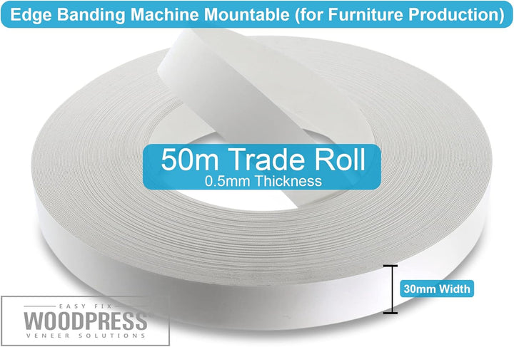 WoodPress® 30mm Mattweisse Melamin Kantenumleimer mit Schmelzkleber – 50m Industrielle Rolle – Einfa