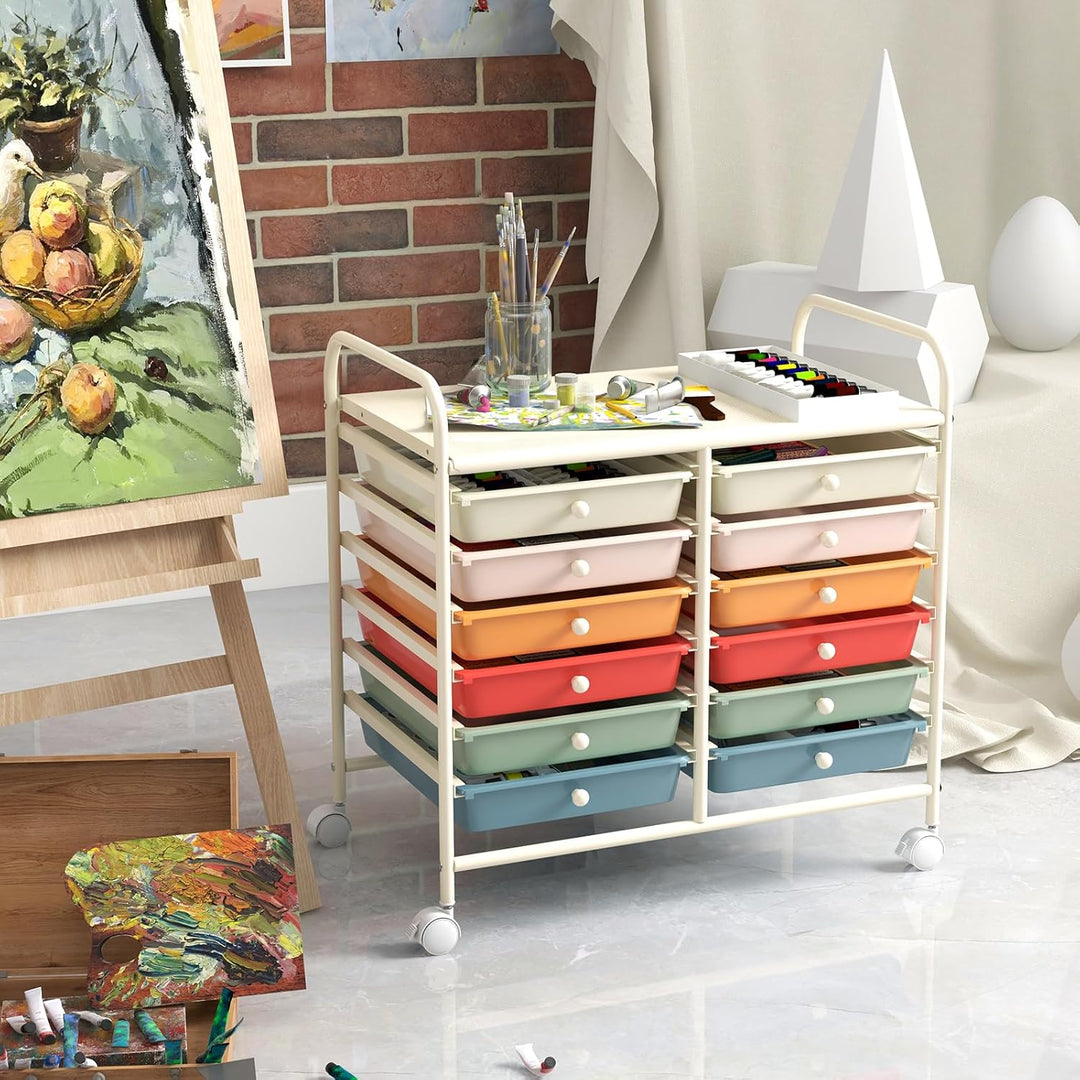 COSTWAY Rollwagen mit 12 stapelbaren Schubladen, Schubladenwagen Rollcontainer mit Metallgestell & A
