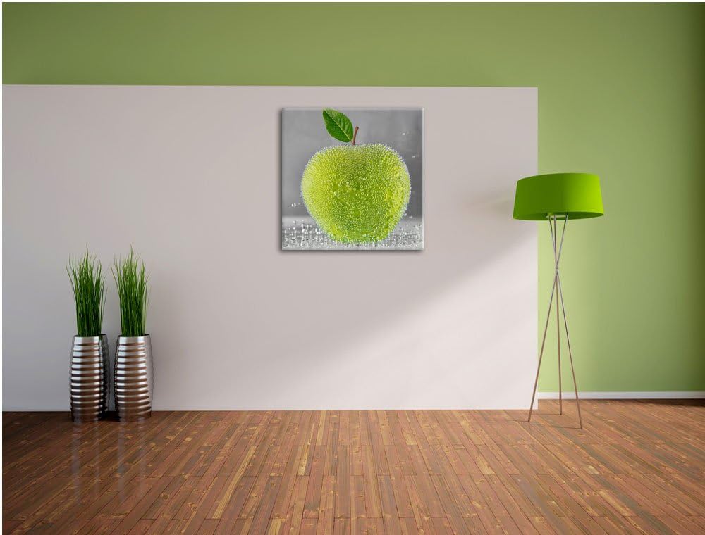 Pixxprint Grüner leckerer Apfel im Wasser, Format: 70x70 auf Leinwand, 70x70