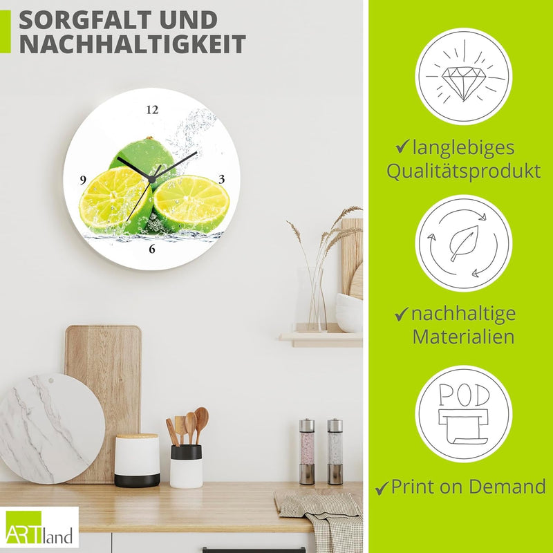 ARTLAND Wanduhr ohne Tickgeräusche Glas Quarzuhr Ø 30 cm Rund Lautlos Obst Früchte Limette im Wasser