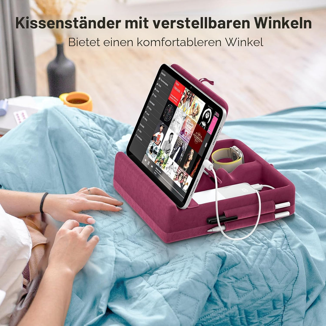 KDD Tablet Halter Kissen mit Aufbewahrung, Faltbarer iPad Kissen, einstellbar Tablet Kissenhalter mi