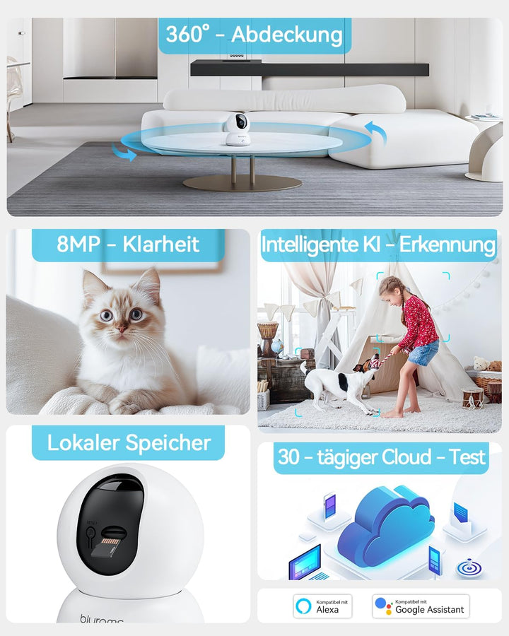 blurams 2K Überwachungskamera Innen, 360° WLAN Kamera,2.4G/5G, Bewegungsverfolgung Nachtsicht Hausti