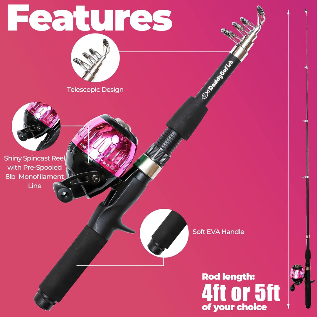 DaddyGoFish Kinder Angelset - Teleskoprute &amp; Rolle Combo mit Klappstuhl, Rutenhalter, Tackle Box, Kö