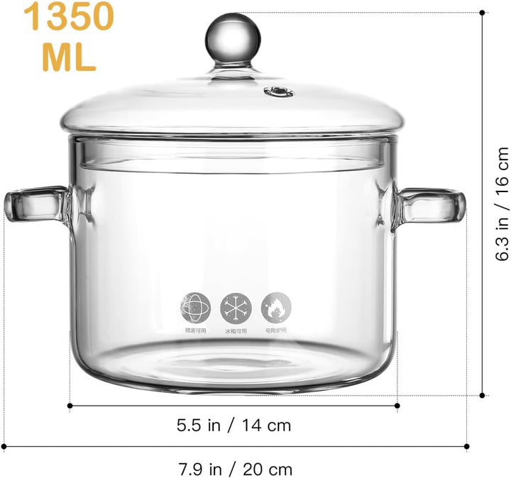 Operitacx Glas Kochtopf mit Deckel, 1350 ml, Hitzebeständiger Glas Topf und Pfanne mit Deckel, Glas