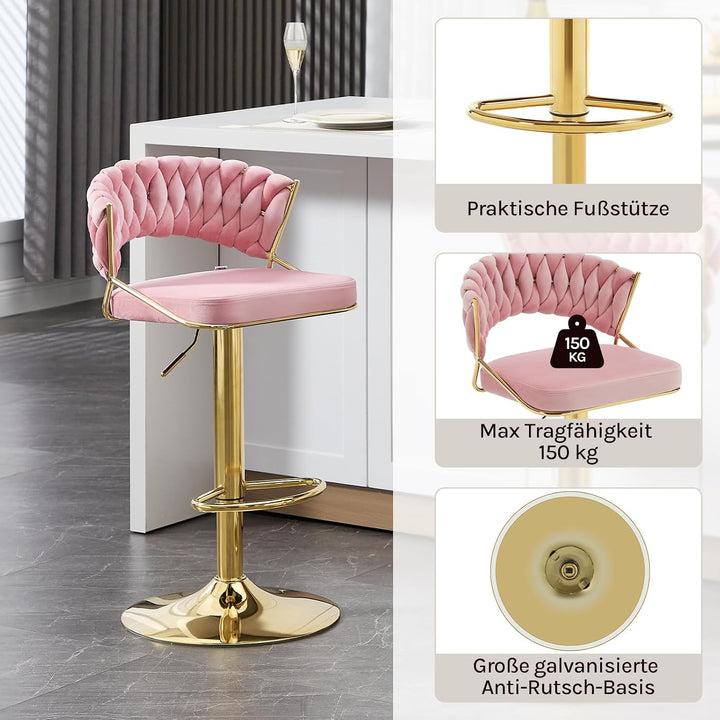 WOLTU Barhocker 2er Set, mit geflochtener Rückenlehne, Samthocker, Rosa | Barstuhl 360° drehbar, höh