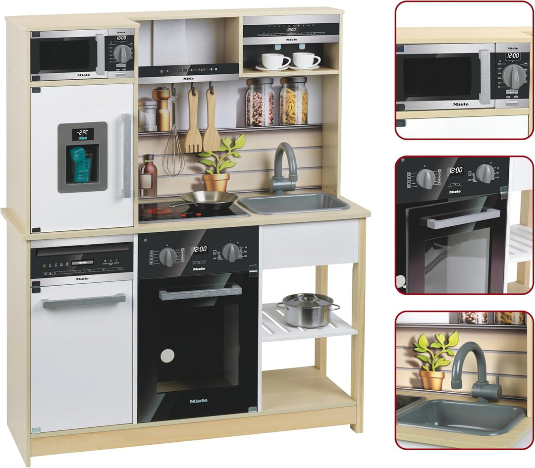 Theo Klein 7188 Miele Family Küche I Holzküche mit Herd inkl. Licht-und Soundfunktion, Mikrowelle un