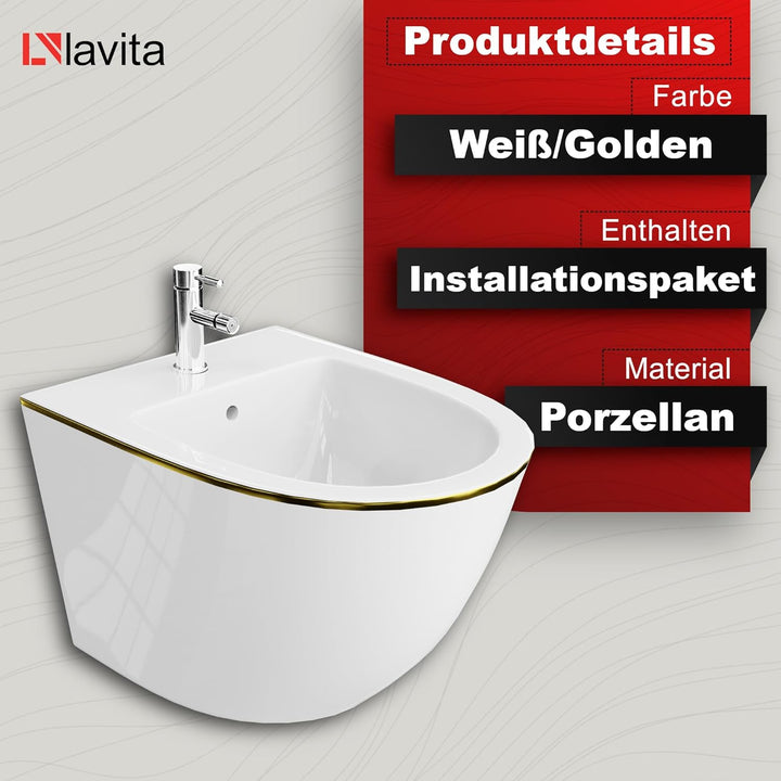 LAVITA Universal Wand-Bidet Sofi Gold Line mit Hahnloch und Überlaufschutz aus Keramik Sitzwaschbeck