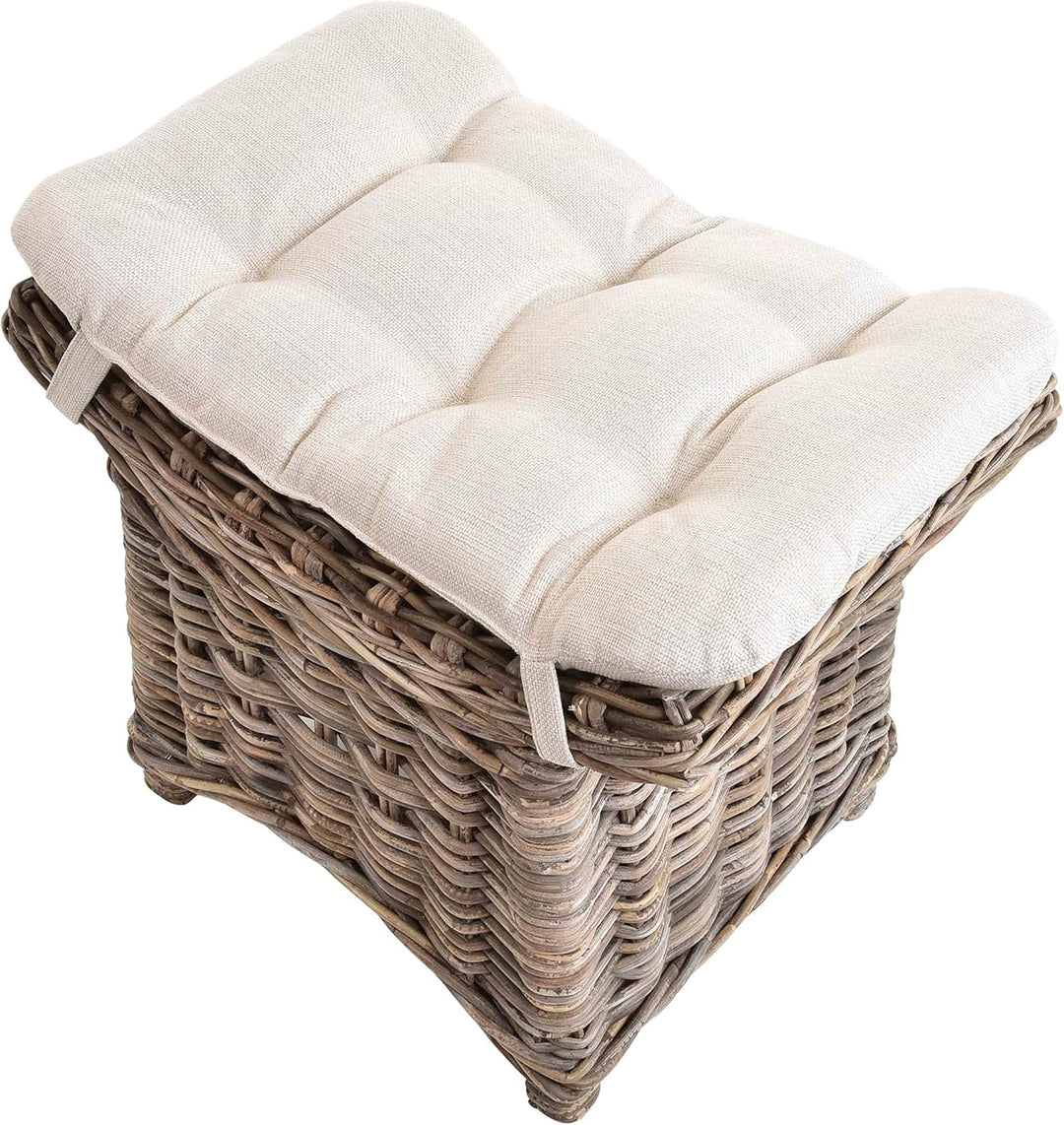 Fusshocker mit geschwungener Ablage, Stabiler Sitzhocker/Schemel/Hocker aus echtem Rattan mit Kissen